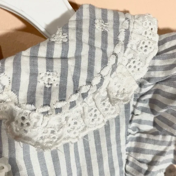 Cupcakes & Cashmere Blue & White Striped Lace-Trim Baby Dress With Headband Bow - Picture 5 of 8